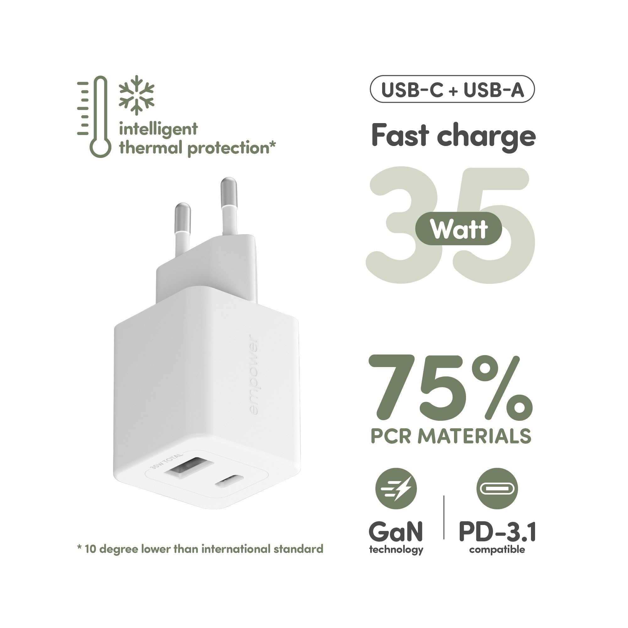 empower™ by PanzerGlass® Turbo 35W Oplader inkl. USB-C + USB-A | EU Stik | Silver White